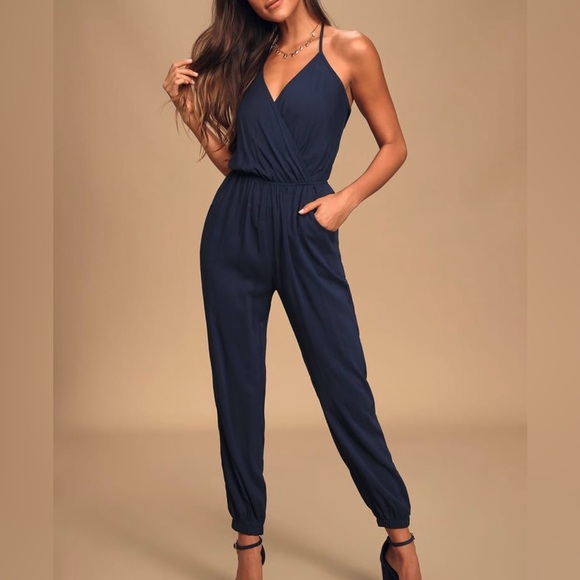 Lulu’s Learning to Fly Navy Blue Halter Jumpsuit Medium - Picture 1 of 7